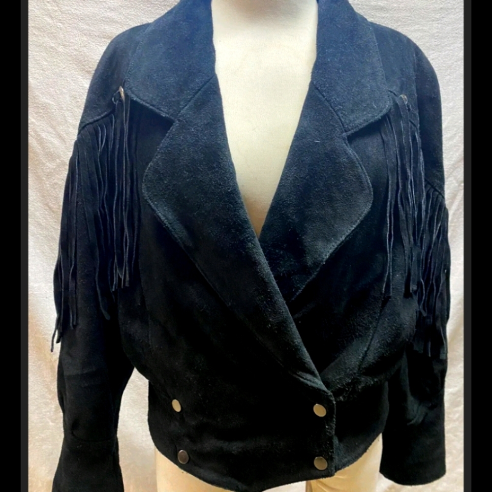 Women's black leather jacket w/fringe
